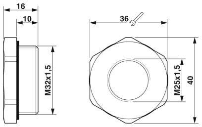Technische Zeichnung eines sechseckigen Metallteils mit den Maßen: 40 mm Breite, 36 mm diagonaler Innendurchmesser, Gewinde M32x1,5 und M25x1,5.