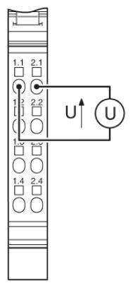 Diagramm eines elektrischen Schaltplans mit Kennzeichnungen für Spannung (U) und polarisierten Elektronikkomponenten.