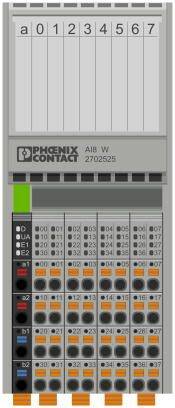 Abbildung eines Phoenix Contact Moduls AI8 W 2702525 mit acht nummerierten Anschlüssen und LED-Statusanzeige für Signalkontrolle