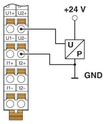 Diagramm eines elektrischen Schaltkreises: Links ein terminaler Block mit sechs Anschlüssen. Rechts: Spannung (U) und Leistung (P) an +24 V und GND.