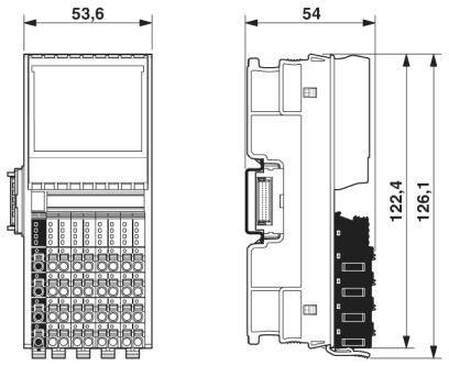 Zeichnung eines elektronischen Moduls mit Abmessungen: Breite 53,6 mm gegenüber 54 mm und Höhe 122,4 mm bis 126,1 mm.