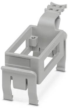Eine graue Kunststoffhalterung für die Montage von Bauteilen in elektrischen Schaltschränken, mit seitlichen Clips zur Befestigung.