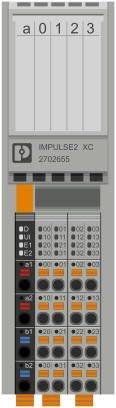 Ein elektrisches Terminalmodul mit Beschriftungen 'IMPULSE2 XC' und ID-Nummer 2702656. Zeigt verschiedene Anschlüsse und Kontrollleuchten.