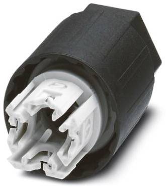 Schwarzer, zylinderförmiger elektrischer Stecker mit weißen Innenkontakten, verwendet für Kabelverbindungen in technischen Anwendungen.