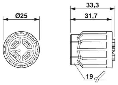 Technische Zeichnung eines zylindrischen Steckers; Durchmesser: 25 mm; Länge: 33,3 mm; Breite: 31,7 mm; Symbol für Inbusschlüsselgröße: 19.