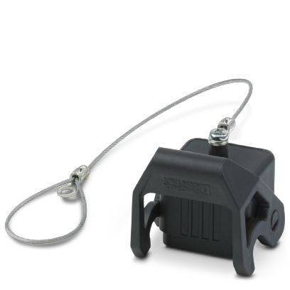 Ein schwarzer kabelgebundener Halter für eine Werkzeugklinge, aus Kunststoff, mit einem angebrachten Metallseil zur Sicherung.