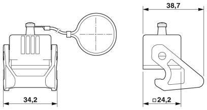 Technische Zeichnung einer mechanischen Komponente mit Maßen: 34,2 mm breit, 38,7 mm hoch. Zeigt Seitenansicht und Aufsicht.
