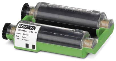 'Mittelgroße schwarze Druckerpatrone mit grünem Gehäuse und Markenlogo von Phoenix Contact', auf einem weißen Hintergrund.