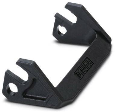 Ein schwarzer Winkelhalter aus Kunststoff mit zwei Befestigungslöchern auf jeder Seite, geeignet zur Montage an Oberflächen.