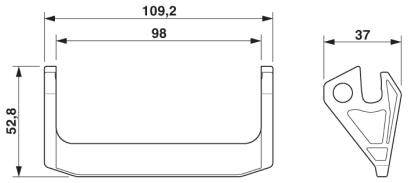 Technische Zeichnung eines Bauteils mit den Maßen: Breite 109,2 mm, Innenbreite 98 mm, Höhe 52,8 mm, Seitenansicht Breite 37 mm.