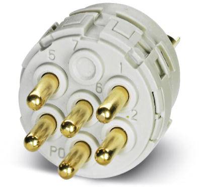 Sechspoliger elektrischer Stecker mit goldenen Kontakten und beschrifteten Positionen, für präzise elektronische Verbindungen konzipiert.