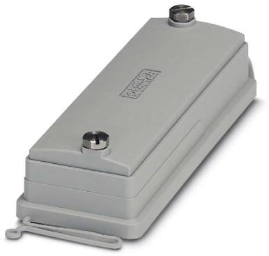 Ein rechteckiger, grauer Steckverbinder mit Metallverschlüssen oben und seitlichem Kabelausgang. Ideal für industrielle Anwendungen.