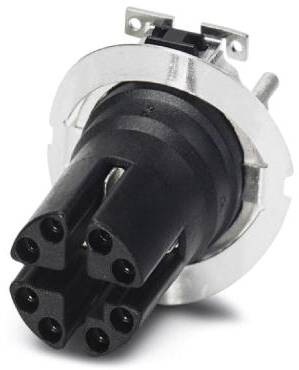 Einsteckbarer schwarzer Stecker mit mehreren runden Buchsen, umgeben von einem Metallrahmen.