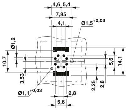 Technische Zeichnung einer Bauteilbohrung mit Bemaßungen in Millimetern. Markierungen für Durchmesser, Positionen und Abstände.