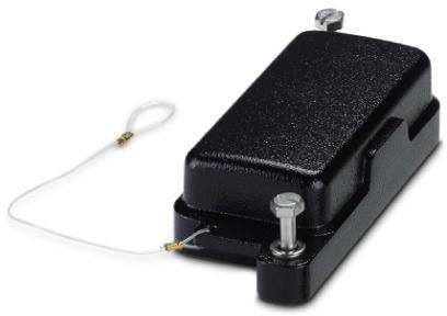 Ein schwarzer, rechteckiger Magnetschalter mit einem angeschlossenen weißen Kabel, verwendet zur Bewegungserkennung.