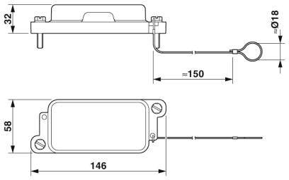 Technische Zeichnung eines Sensors mit Maßen: Höhe 32 mm, Breite 58 mm, Länge 146 mm. Kabeldurchmesser 18 mm, Kabellänge 150 mm.