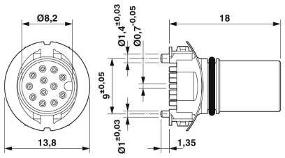 Technische Zeichnung eines runden Steckverbinders mit Abmessungen: Durchmesser 8,2 mm, Länge 18 mm. Details zu Stiften und Toleranzen angegeben.