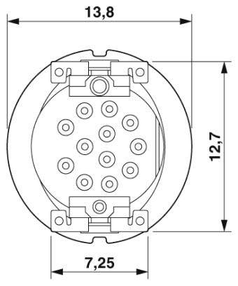 Schaltplan eines runden Steckverbinders mit mehreren Kontaktpunkten. Maße: Durchmesser 13,8 mm, Höhe 12,7 mm, Breite 7,25 mm.