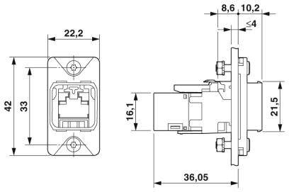 Zeichnung einer Ethernet-Buchse mit Abmessungen: Breite 22,2 mm, Höhe 42 mm und Tiefe 36,05 mm. Anschlussdetails dargestellt.