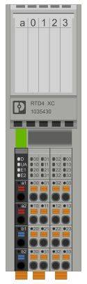 Automatisierungsmodul mit mehreren nummerierten Anschlüssen für Temperaturerfassung. Modell 'RTD4 XC 1005430'.