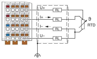 Diagramm einer elektrischen Schaltung zur Messung der Temperatur mit einem Widerstandsthermometer (RTD), zeigt Anschlussbelegung und Verbindungspunkte.