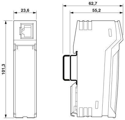 Diagramm eines rechteckigen Geräts mit seitlichen Maßen: 101,3 x 23,6 mm und Vorderansicht: 62,7 x 55,2 mm.