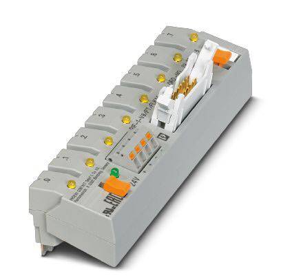 Ein graues Steuermodul mit nummerierten Anschlüssen und orangenen Tasten. Eine LED-Anzeige befindet sich über jedem Anschluss.