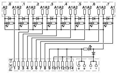 Schaltplan einer elektrischen Schaltung mit Dioden und Widerständen, die verschiedene Anschlüsse von 1-14 mit A1A2 und A1A2 verbinden.