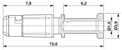 Technische Zeichnung eines zylindrischen Steckers mit Maßen: Gesamtlänge 15,6 mm, Durchmesser 3,9 mm, Verbindung 6,2 mm.
