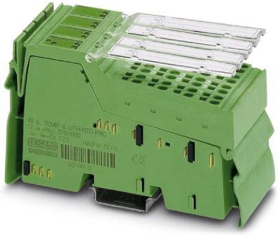 Grünes elektrisches Anschlussmodul mit mehreren Steckverbindungen, verwendet für industrielle Anwendungen in Steuerungsschränken.