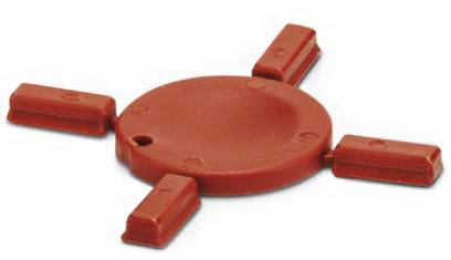 Rundes rotes Plastikteil mit vier hervorstehenden Laschen, vermutlich ein Halter oder Abstandshalter für Baumaterialien.