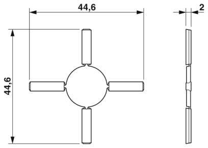 Zeichnung einer Kreuzform mit Maßen: 44,6 x 44,6 mm, Dicke 2 mm. Ansichten von vorne und der Seite.