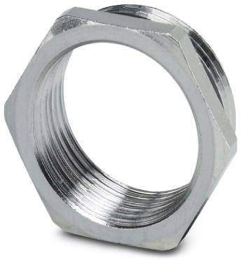 Sechskantmutter aus Metall mit Innengewinde, liegt schräg. Sie zeigt das Gewinde und die sechseckige Form.