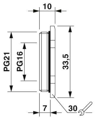 Technische Zeichnung eines Bauteils im Profil mit Maßen: Höhe 33,5 mm, Breite 10 mm, Tiefe 7 mm, PG21 16 mm, PG16 21 mm.