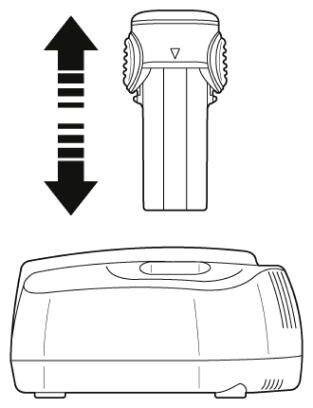 Illustration eines Geräts mit einem austauschbaren Batterieteil und einem Pfeil, der das Einsetzen oder Entfernen des Teils anzeigt.