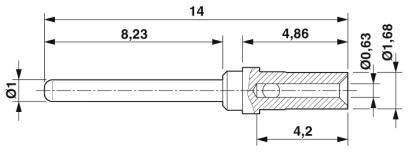 Technische Zeichnung eines zylindrischen Bauteils mit Maßen: Gesamtlänge 14 mm, Durchmesser 1 mm, Kernbohrung 0,63 mm.