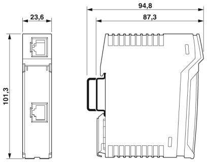 Technische Zeichnung eines rechteckigen Moduls mit Maßen: Breite 94,8 mm, Höhe 101,3 mm, Tiefe 23,6 mm, zeigt zwei RJ45-Anschlüsse.