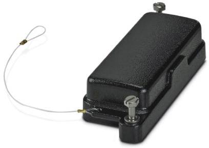 Ein schwarzer, rechteckiger elektrischer Bauteil mit abgerundeten Kanten und zwei Metallschrauben an der Oberseite, eine Drahtschlaufe an der Seite.