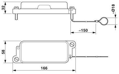 Diagramm einer rechteckigen Vorrichtung mit Deckel, 166 mm lang, 58 mm breit, 32 mm hoch; zeigt Kabelverbindung von 150 mm Länge.