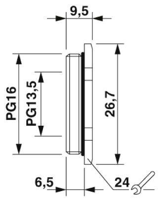 Technische Zeichnung eines Geräts mit Maßen: Breite 9,5 mm, Höhe 26,7 mm, Tiefe 6,5 mm. Beschriftung: 'PG16', 'PG13,5', '24'.