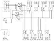 Schaltplan mit mehreren Schaltern, Verbindungen und Symbolen, die elektrische Ströme und deren Fluss durch ein Schaltkreisnetz zeigen.