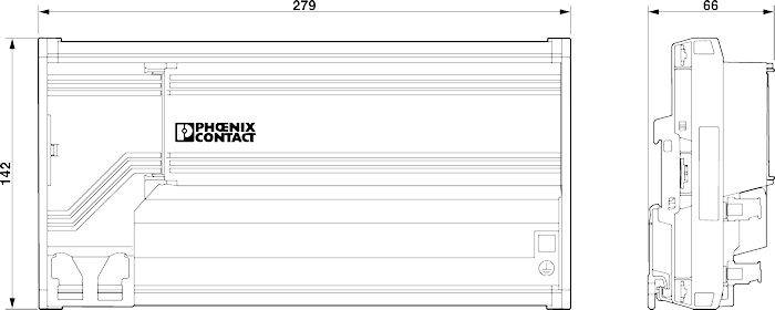 Zeichnung eines Gehäuses von Phoenix Contact, Seiten- und Vorderansicht mit Maßen: Höhe 142 mm, Breite 279 mm, Tiefe 66 mm.