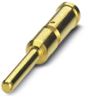 Ein goldener Metallstift mit zylindrischer Form und glänzender Oberfläche, möglicherweise Teil eines Steckers oder einer Verbindung.