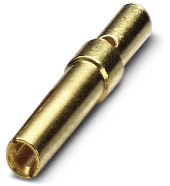 Goldener Metallstift, vermutlich ein Stecker oder Kontakt, liegt schräg auf einer weißen Fläche.