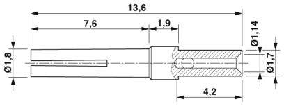 Technische Zeichnung eines Stiftes mit Maßen: Länge 13,6 mm, Durchmesser 1,8 mm bis 1,14 mm, und seitliche Nut von 7,6 mm.