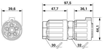 Technische Zeichnung eines Steckverbinders mit Maßen: Länge 97,5 mm, Breite 44,1 mm, verschiedene Segmente von 39,6 mm, 47,7 mm und 36,1 mm.