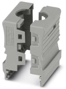 Graue Hutschienen-Halterungen aus Kunststoff, geöffnet und einander zugewandt; dienen zur Befestigung elektronischer Bauteile.