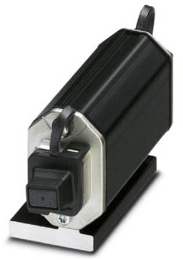 Ein schwarzes, rechteckiges elektronisches Bauteil mit einem Schalter, montiert auf einer silbernen und schwarzen Halterung.