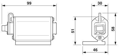 Technische Zeichnung eines Motors mit Abmessungen: Länge 99 mm, Breite 46 mm, Höhe 58 mm. Seiten- und Frontalansicht gezeigt.