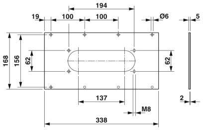 Technische Zeichnung eines rechteckigen Bauteils mit Maßen. Löcher mit Durchmessern, Bohrabstände und Positionen detailliert angegeben.